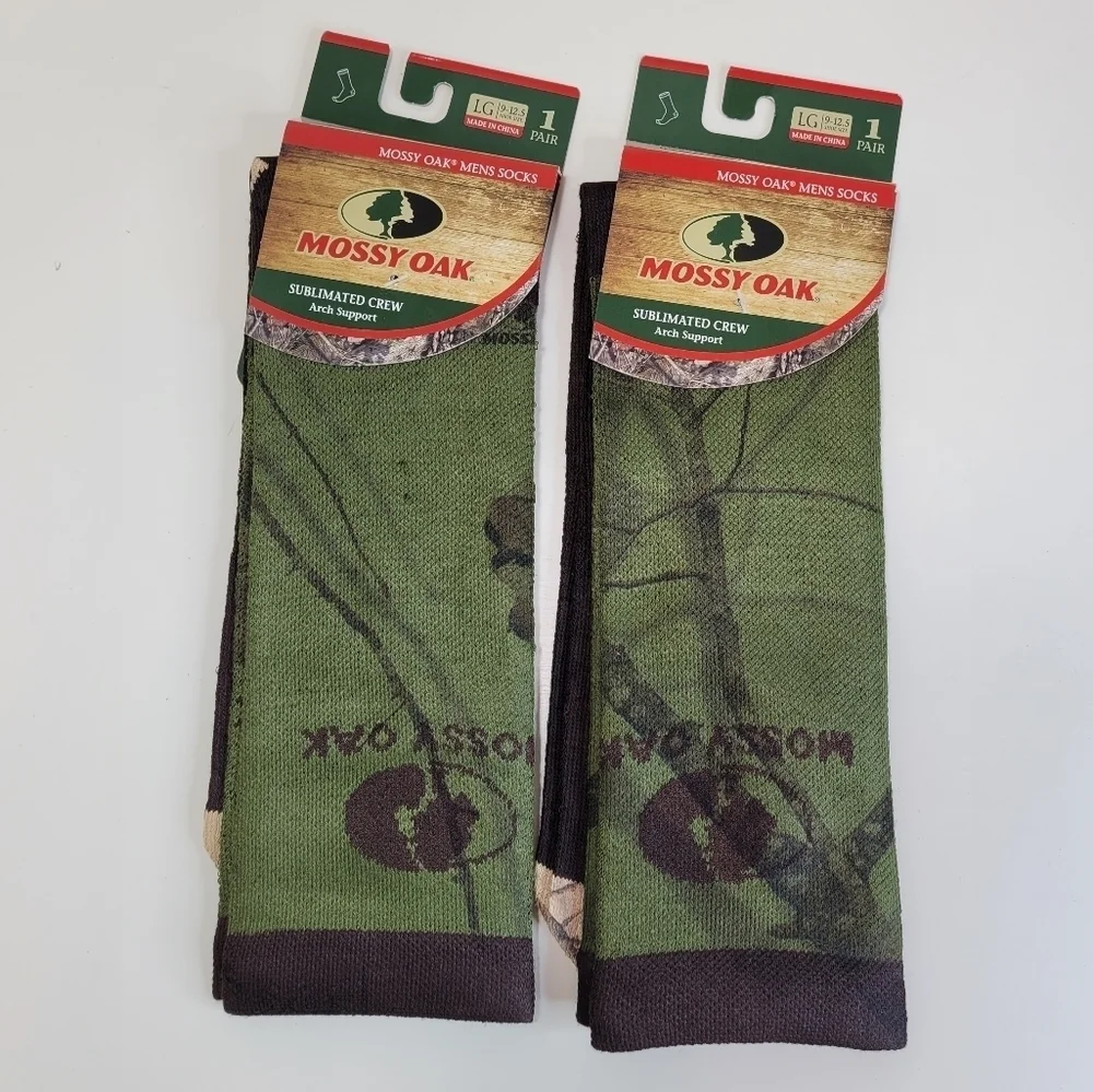 Mossy Oak Sublimated ARCH SUPPORT Foliage Crew Socks 2 pairs Size Men Large 9-12